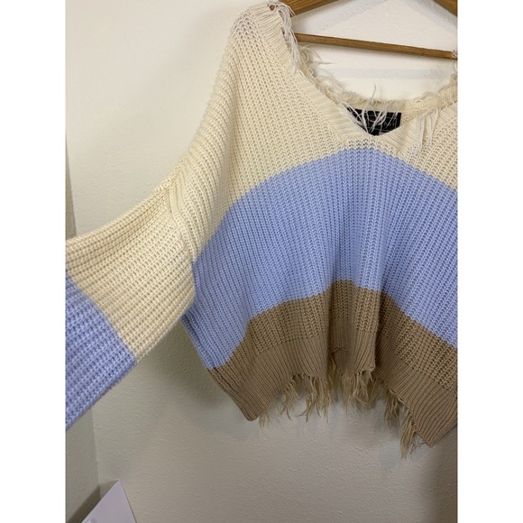 American Eagle Woman's Crop Sweater Size XL Cream Color Block Boho Hippie Fringe - Picture 3 of 8